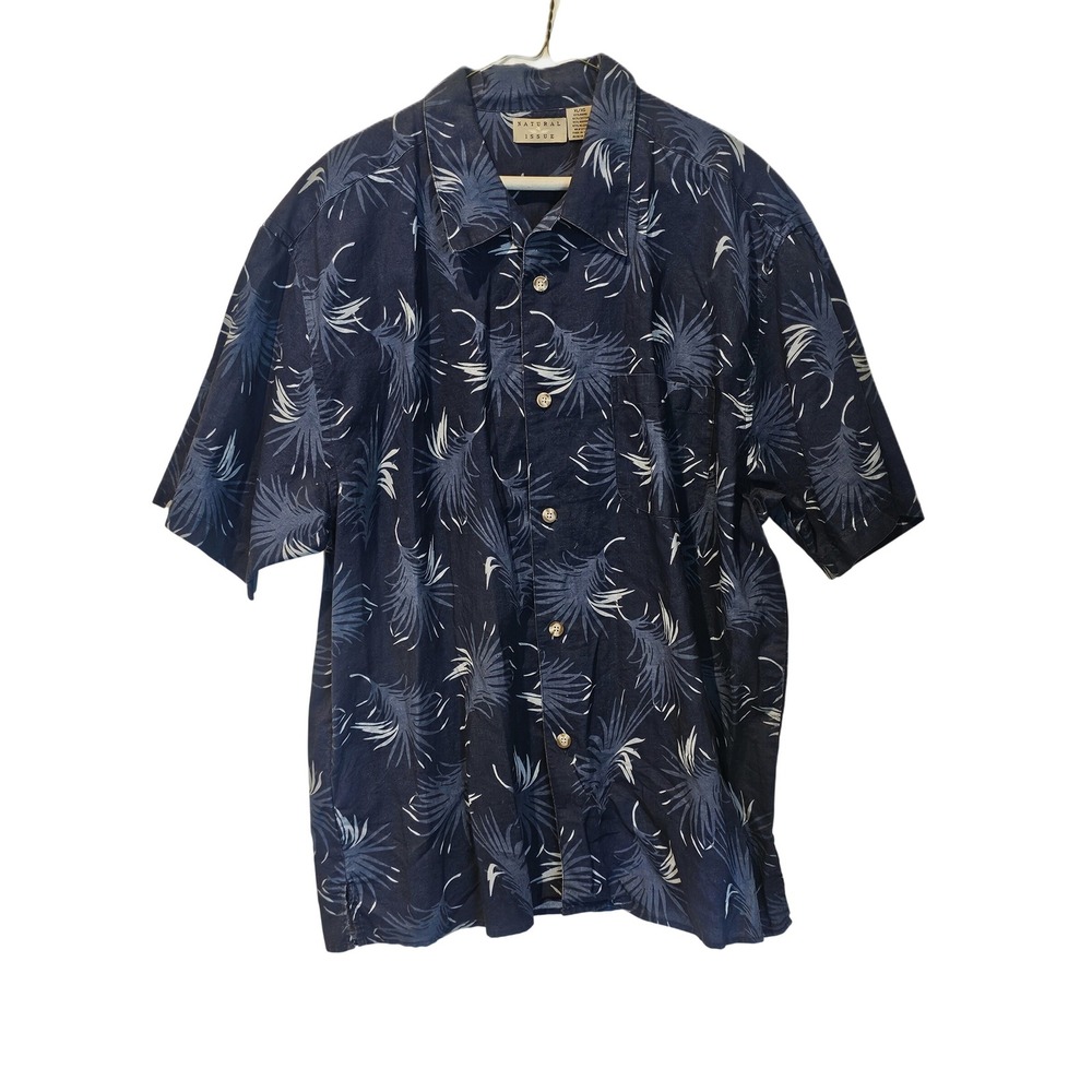 Natural Issue Men's XL XG Blue Tropical Leaf‎ Print Short Sleeve Button Up Shirt